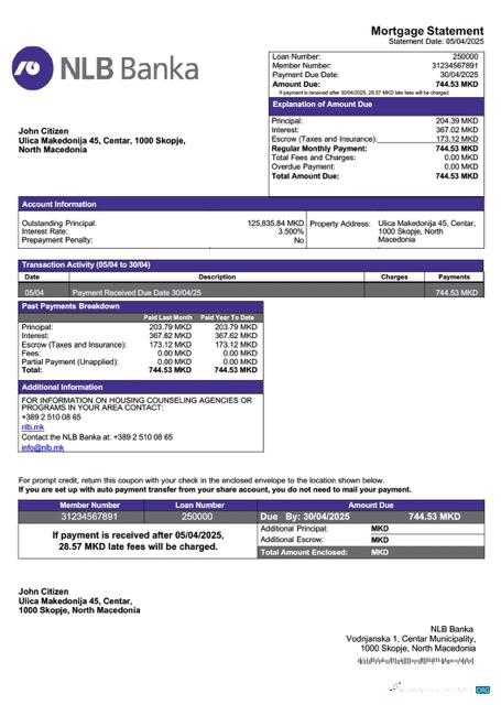 Download North Macedonia NLB Banka mortgage statement Word and PDF template Photoshop template